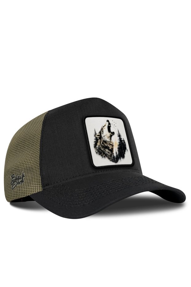 Wolf Logo Cordura Black-Khaki Trucker Hat