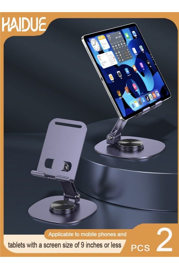 2PCS 360° Rotating Desktop Phone Tablet Stand, All Metal Foldable Adjustable Holder with Heavy Base, Compatible with Phones & Tablets Under 9 Inch for Office/Entertainment/Study