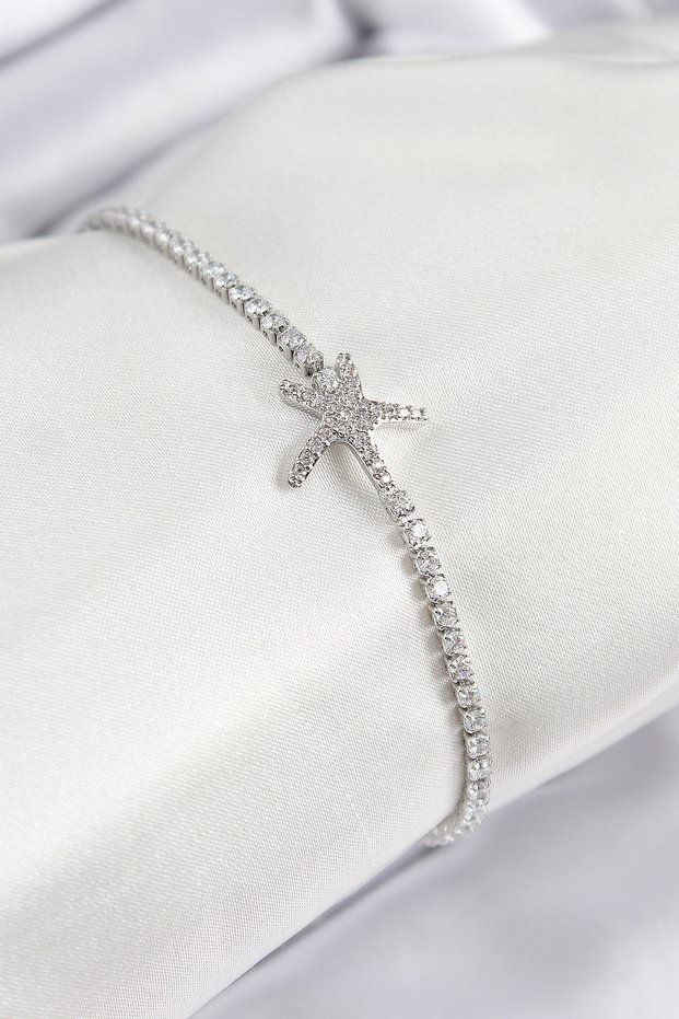 Brass Zircon Stone Starfish Model Silver Color Women's Bracelet