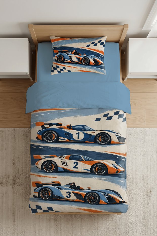 Retro Racing Cars Patterned Single Boy's Duvet Cover Set - with Sheets