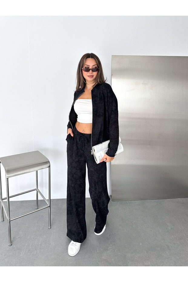 Women's Tie-Dye Patterned Modal Fabric Zippered Top and Wide-Leg Pants Set