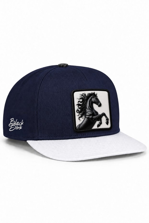 White-Navy Blue Hip Hop Hat with Horse Logo