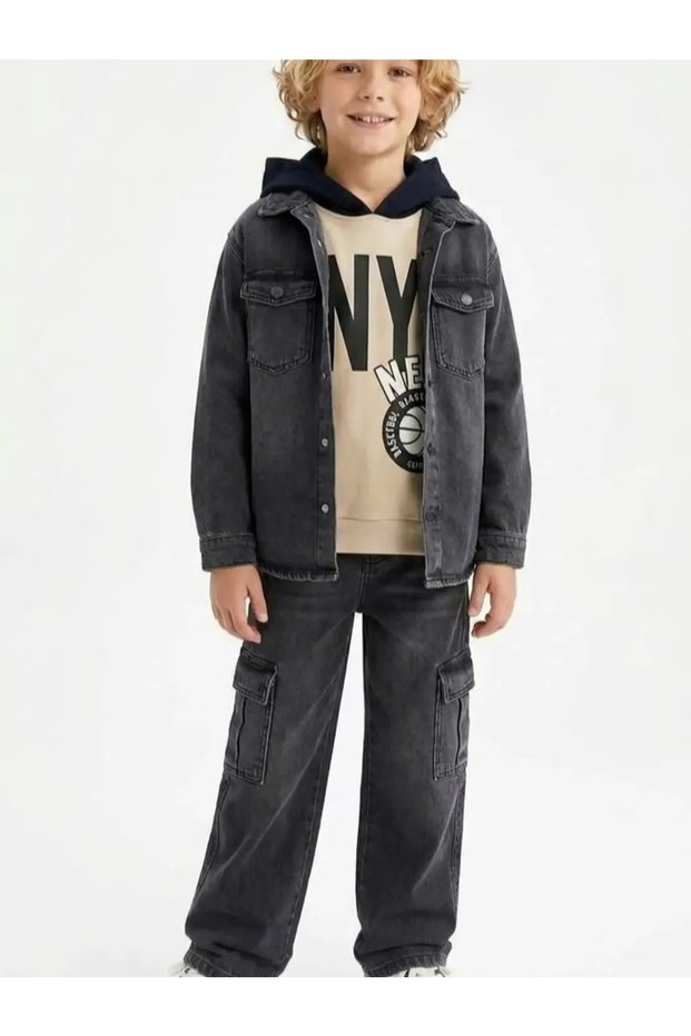 Boy's Denim Jacket Hooded Sweatshirt Denim Trousers Three-Piece Set
