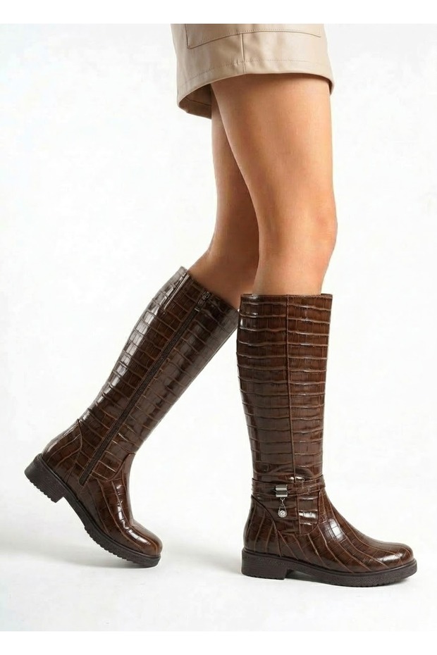 Brown Crocodile Women's Zippered Buckle Boots 1999000