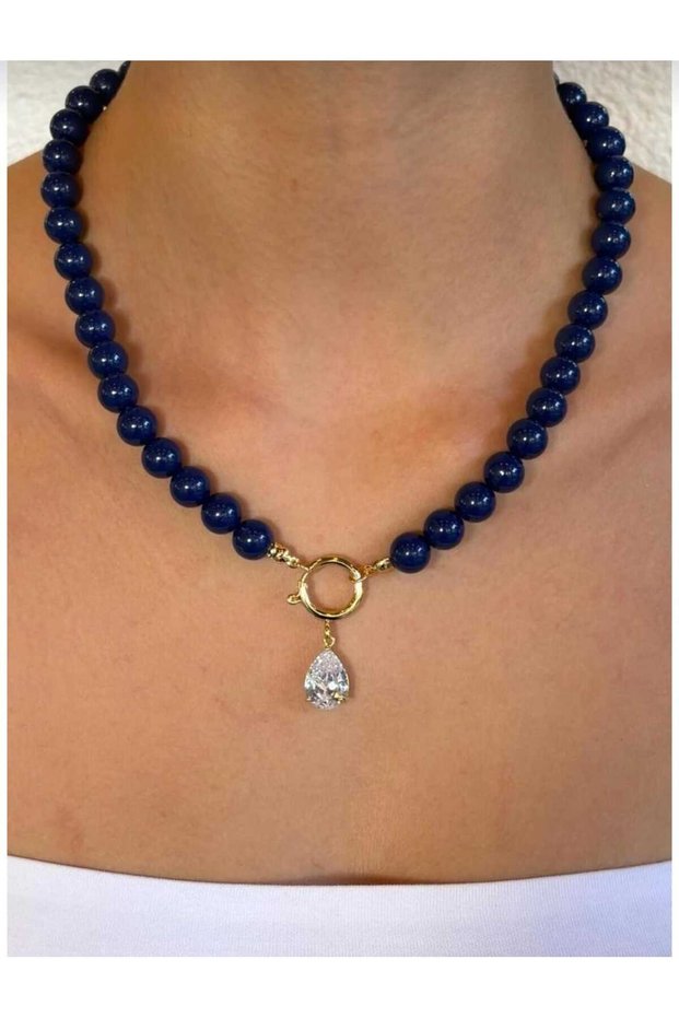 Navy Blue Drop Stone Bead Necklace