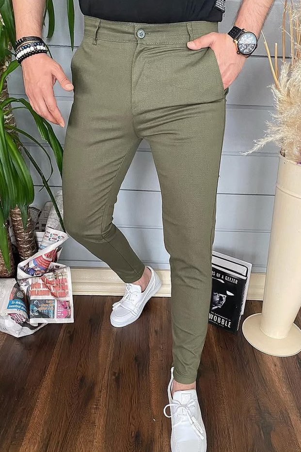 Men's Khaki Dobby Trousers Slim Fit Lycra Narrow Leg Side Pocket