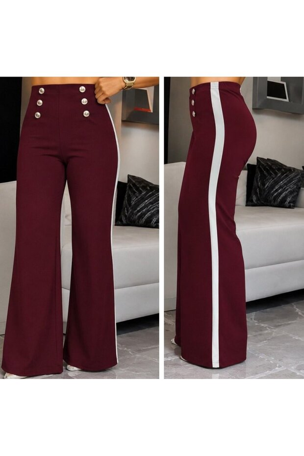 Women's high-waisted, button-front, side-stripe detail, gradually flared imported crepe pants.