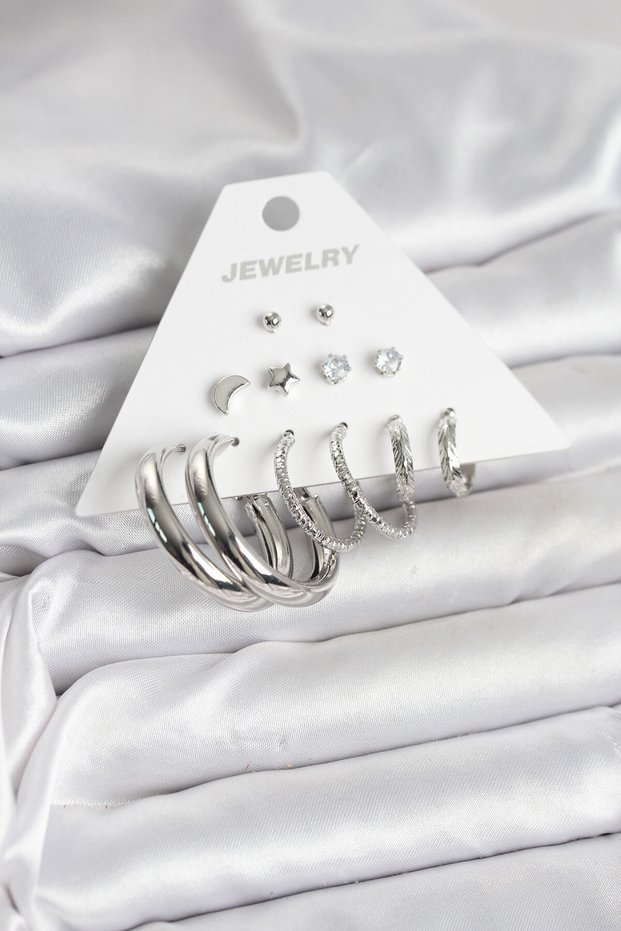 Brass Silver Color Ring Model 6 Pairs Women's Earrings