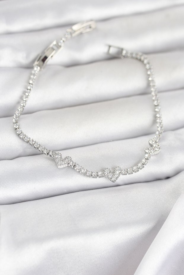 Brass Silver Color Heart Model Zircon Stone Waterway Women's Bracelet