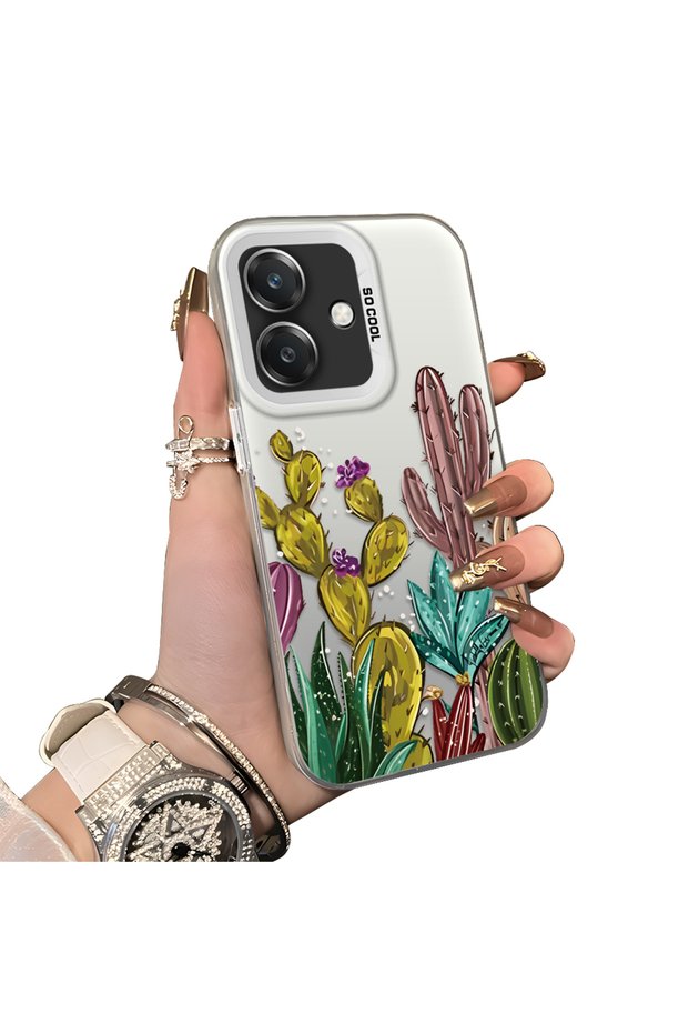 Phone Case for Oppo A3/A3X 4G/5G Compatible Acrylic Hard Back Panel with Silicone Edges Cactus Pattern