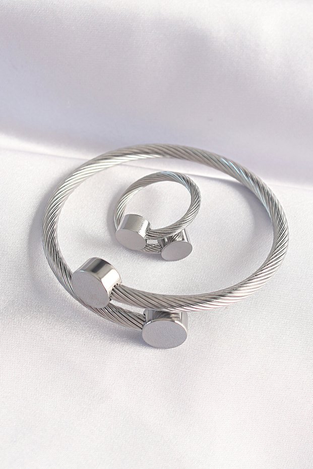 316L Steel Silver Color Oval Accessory Twist Model Bracelet and Ring Combination