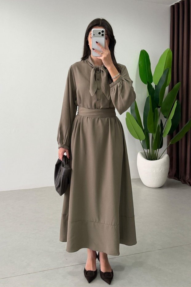 April Dress with Scarf Collar and Belt Detail in Khaki