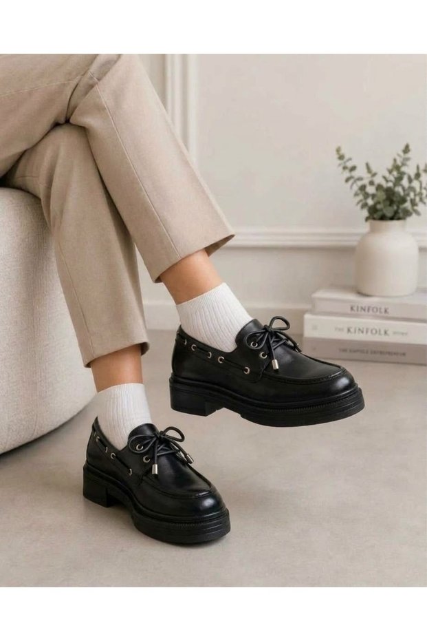 Black Lace-Up Detailed Women's Loafer Shoes