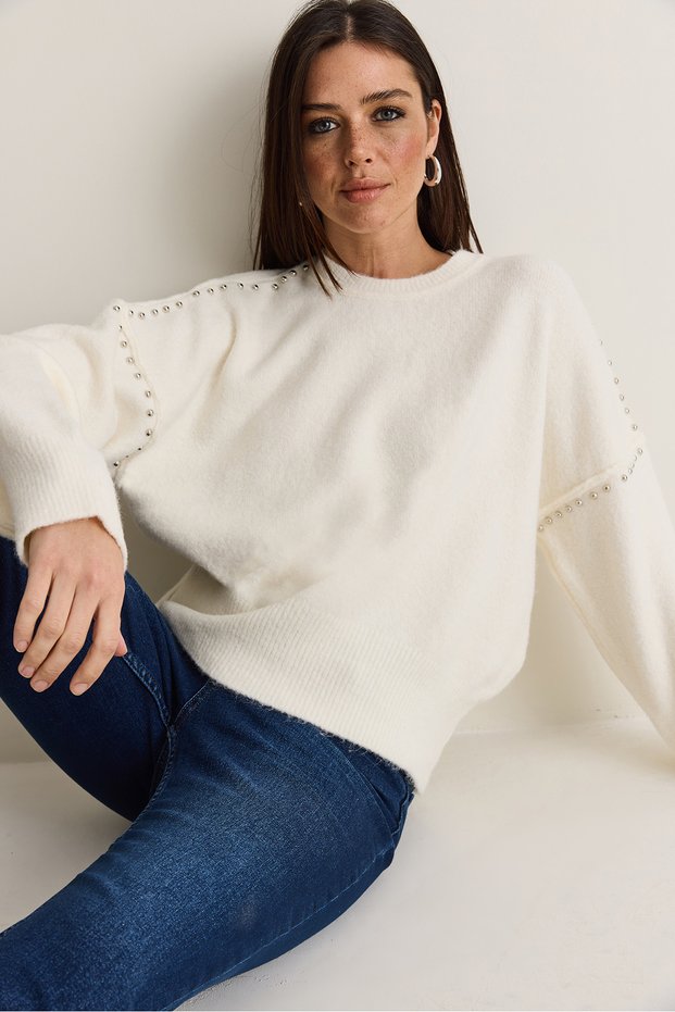 Women's Stone Detailed Crew Neck Soft Textured Oversize Knitwear Sweater 2866 60286658