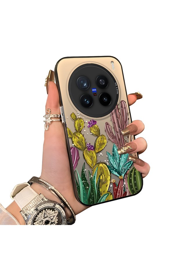 Vivo X200 Pro Compatible Acrylic Hard Back Panel with Silicone Edges Cactus Pattern Phone Case