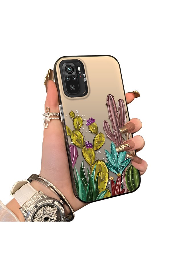 Xiaomi Poco M5S Compatible Acrylic Hard Back Panel with Silicone Edges Cactus Patterned Phone Case