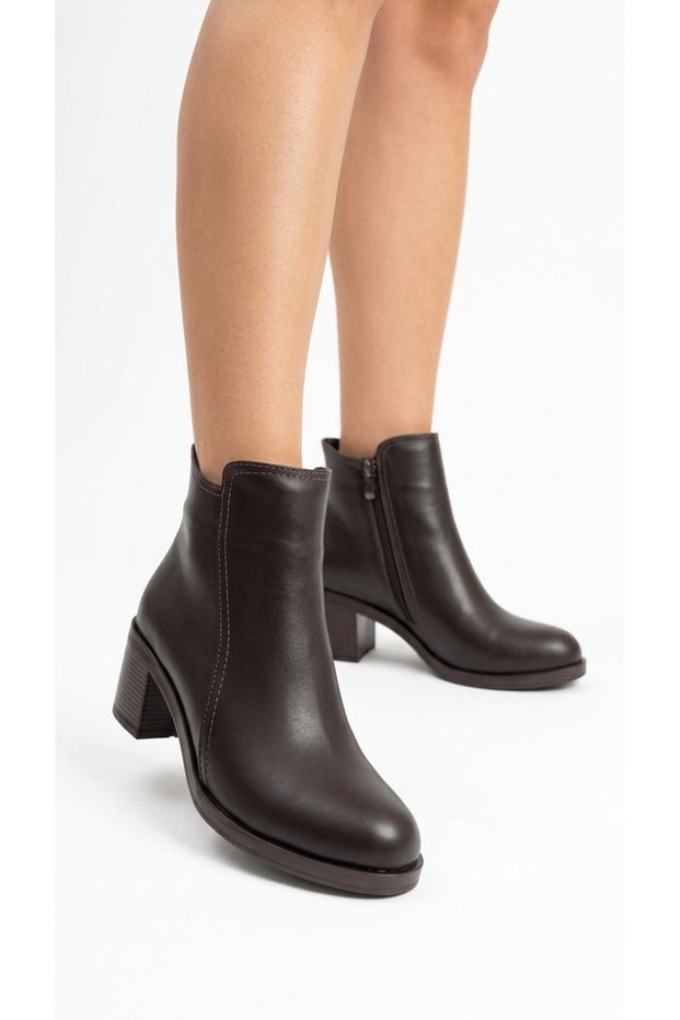 Women's Stitched Detailed Thick Heeled Round Toe Zippered Boots
