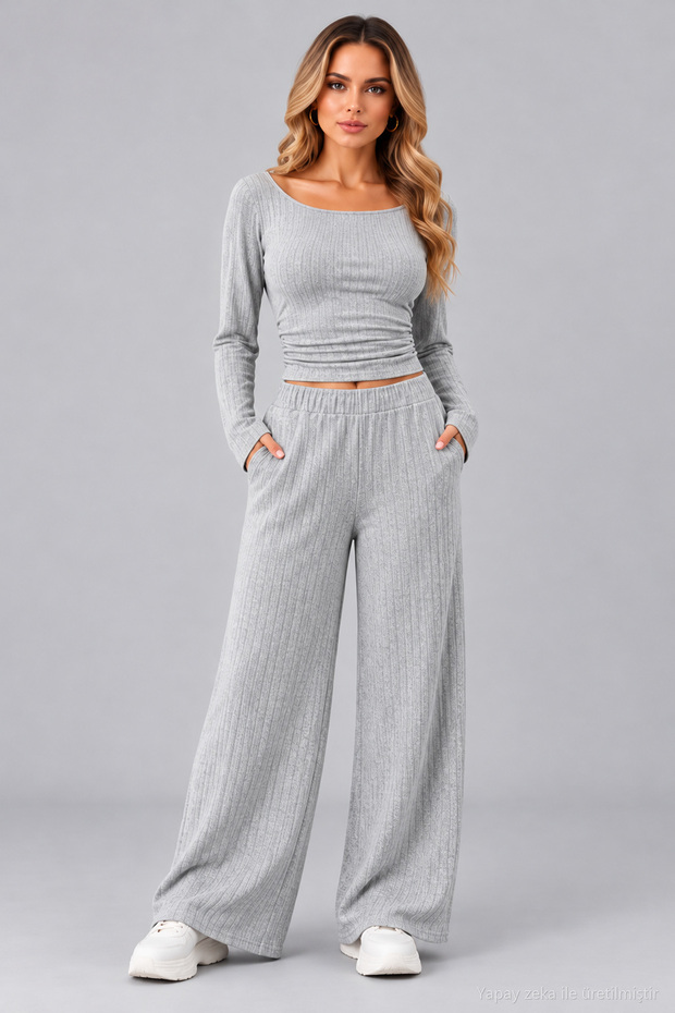 Women's Long Sleeve One-Shoulder Open Turtleneck Waist-Cinched Crop Camisole Blouse and Pants Two-Piece Set Casual Chic Comfy Outfit