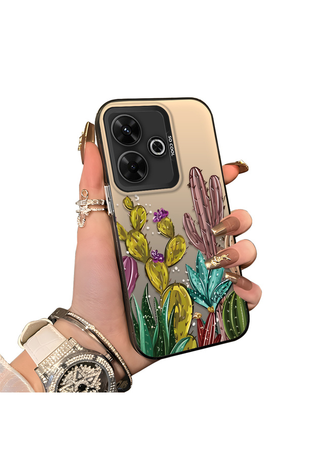 Xiaomi Poco M6 4g Compatible Acrylic Hard Back Panel with Silicone Edges Cactus Patterned Phone Case