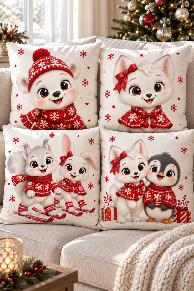 Christmas Themed Set of 4 Decorative Throw Pillow Covers, Red and White Christmas Decor with Penguin Rabbit Cat and Cute Animal Patterns