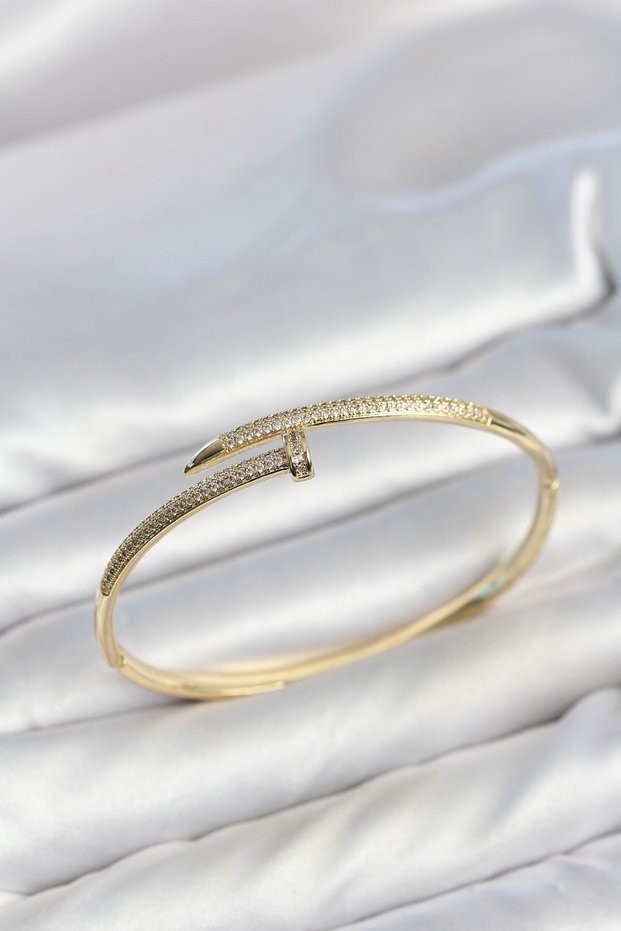 Gold Color Nail Model Zircon Stone Women's Cuff Bracelet