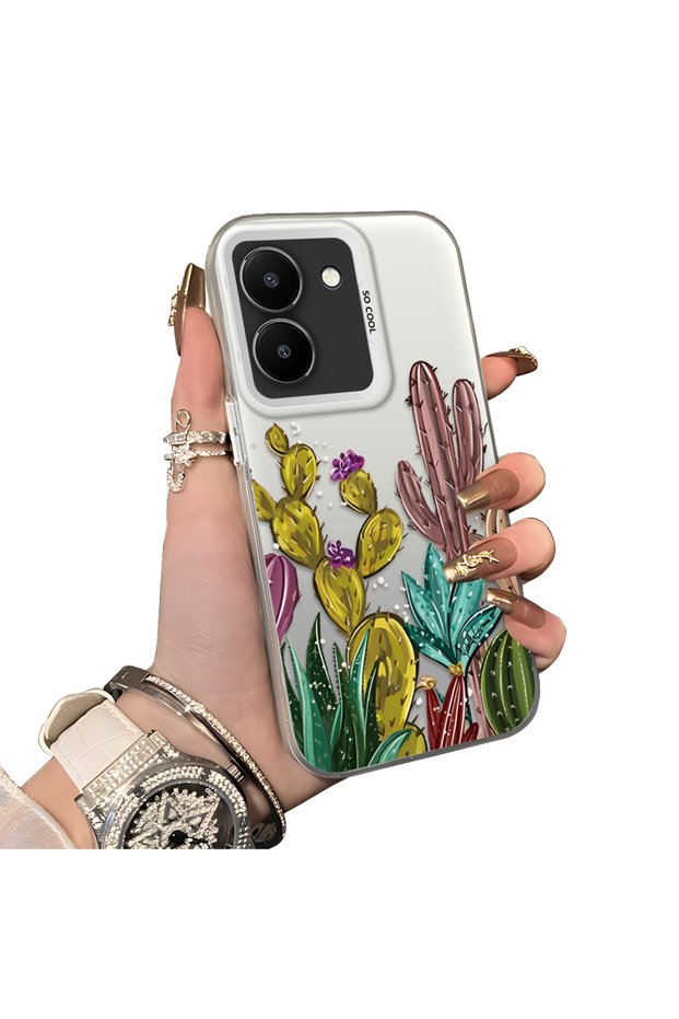 Phone Case for Vivo Y36 4G/5G Compatible Acrylic Hard Back Panel with Silicone Edges Cactus Pattern