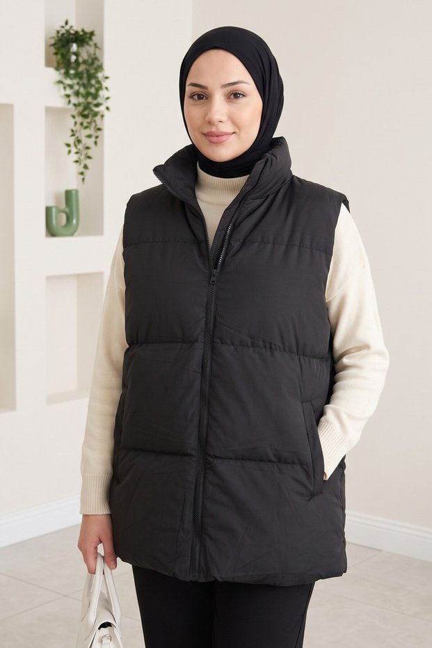 Women's Black Inflatable Vest with Zipper Pockets
