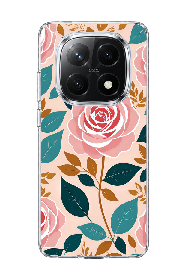 Redmi Note 14 Pro Plus 5g Compatible Pink Rose Leaf Printed Transparent Phone Case