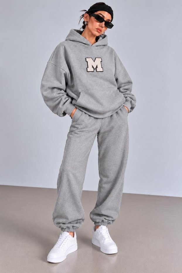 Hooded Tracksuit 2-Piece Set with Patterned Bottom and Top Combination with m Print