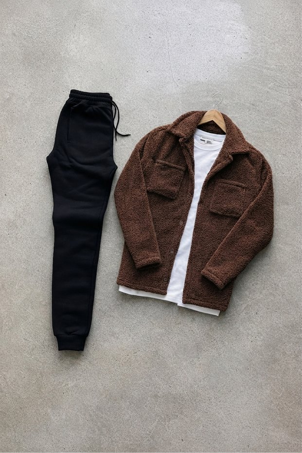 Buttoned Pocketed Plush Shirt Jacket and Jogger Sweatpants Set Combination