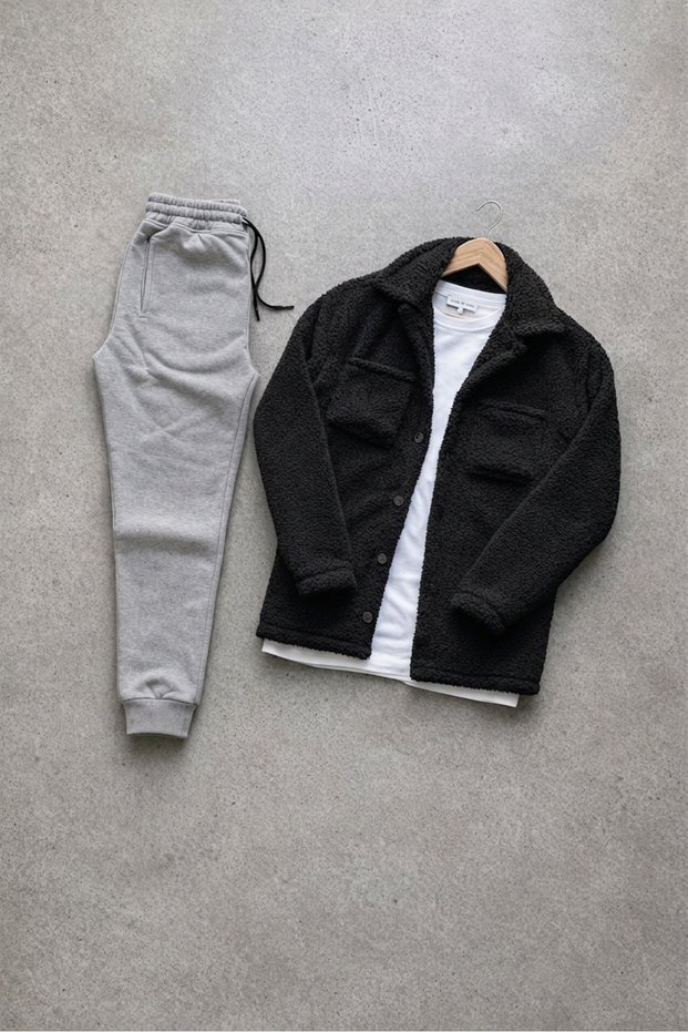 Buttoned Pocketed Plush Shirt Jacket and Jogger Sweatpants Set Combination