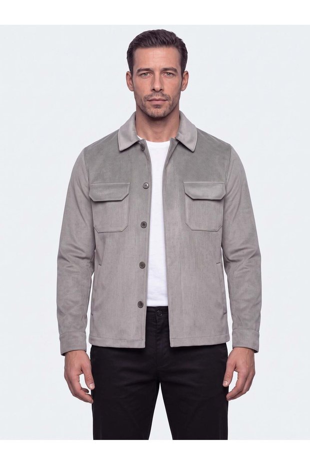 Light Gray Velvet Textured Men's Shirt Coat with Hidden Buttons