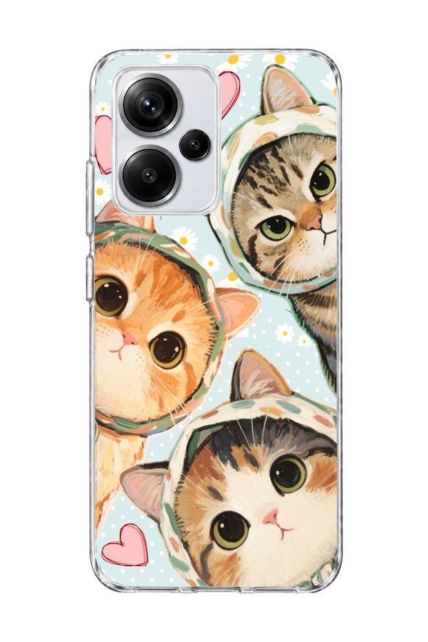 Redmi Note 13 Pro Plus 5g Compatible Three Cats Heart Printed Transparent Phone Case with Scarf