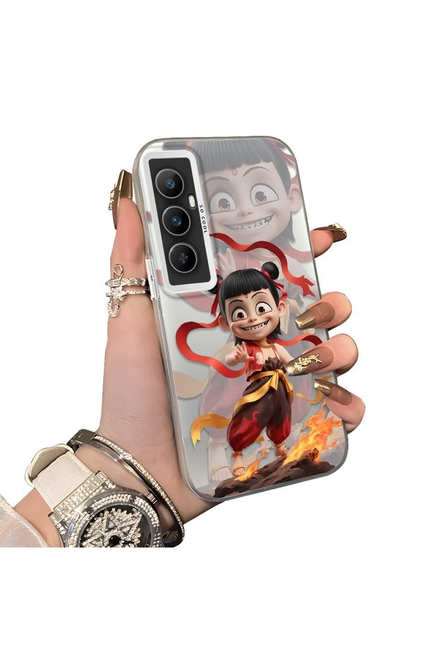 Realme C65 4g Compatible Acrylic Hard Back Panel with Silicone Edges Opaque Nezha Pattern Phone Case
