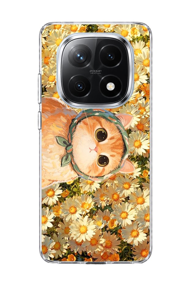 Redmi Note 14 Pro Plus 5g Compatible Orange Cat Daisy Printed Transparent Phone Case with Scarf