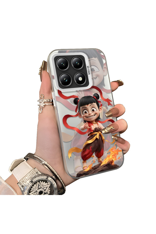 Xiaomi Mi 14t Compatible Acrylic Hard Back Panel with Silicone Edges Opaque Nezha Pattern Phone Case