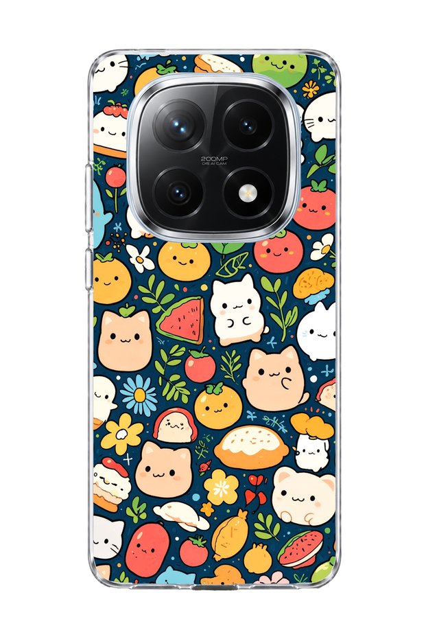 Redmi Note 14 Pro Plus 5g Compatible Cat Fruit Navy Blue Printed Transparent Phone Case