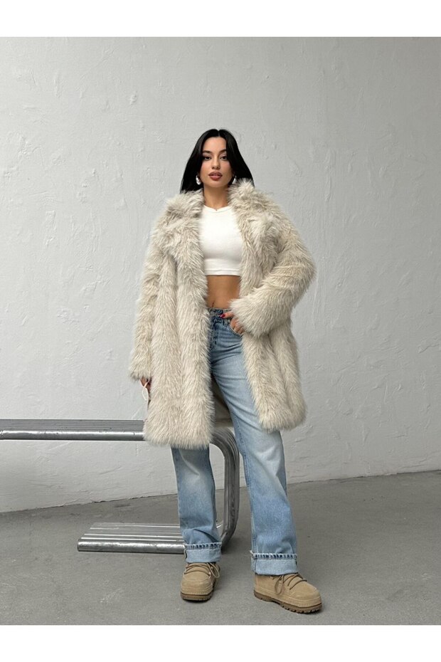 Women's Soft Texture Lined Knee Length Midi Premium Fur Coat with Pockets