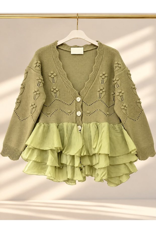 Women's Hijab Lavin Ruffled Knitwear Cardigan Khaki
