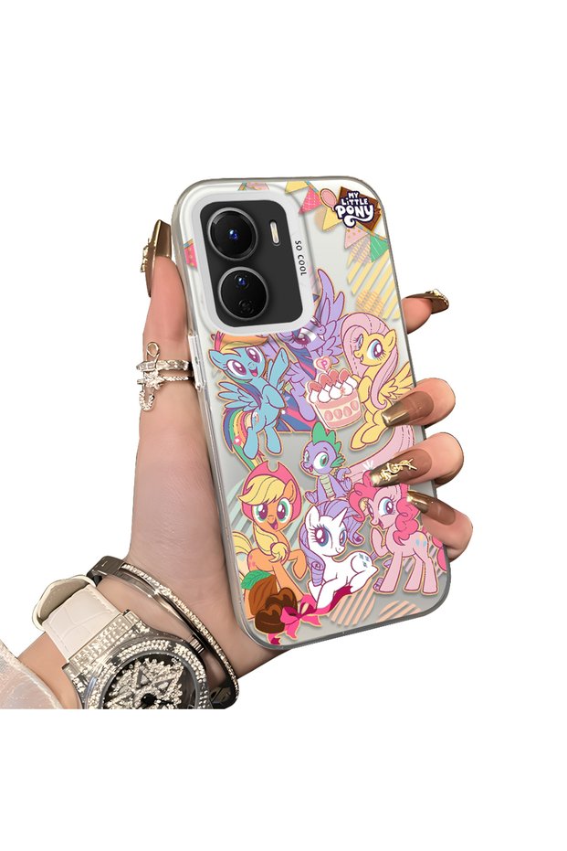 Vivo Y16/Y02S/Y56 Compatible Acrylic Hard Back Panel with Silicone Edges and Pony Pattern Phone Case