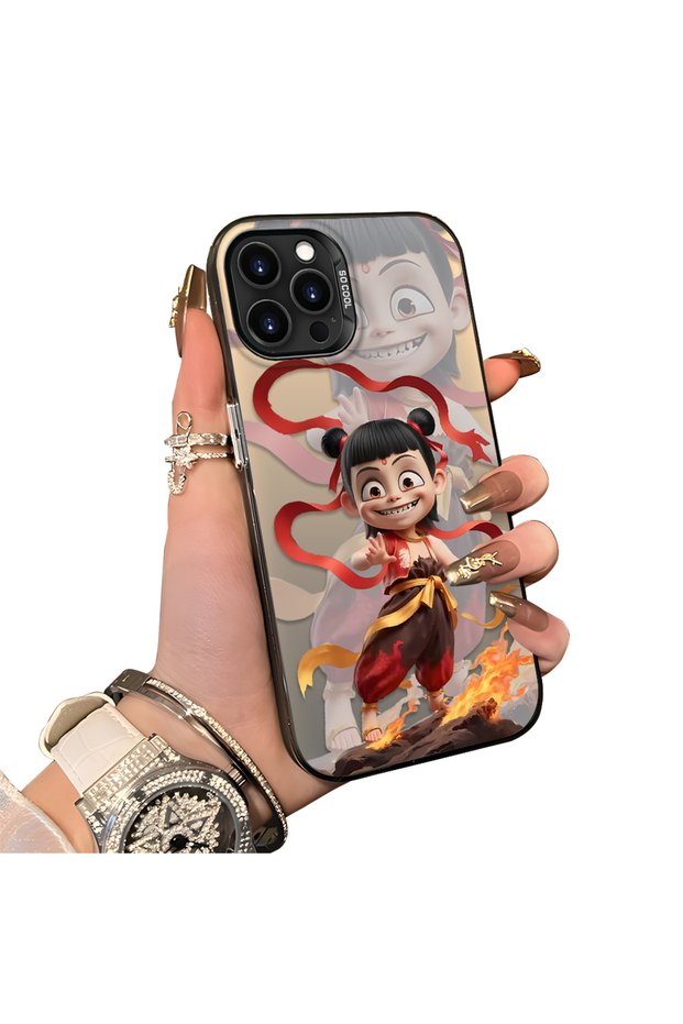 iPhone 14 Pro Compatible Acrylic Hard Back Panel with Silicone Edges Opaque Nezha Pattern Phone Case
