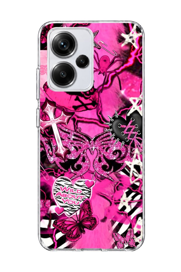 Redmi Note 13 Pro Plus 5g Compatible Pink Butterfly Star Printed Transparent Phone Case