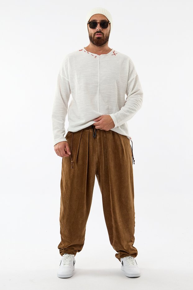 Velvet Pleated Tan Jogger Men's Trousers Coc3620