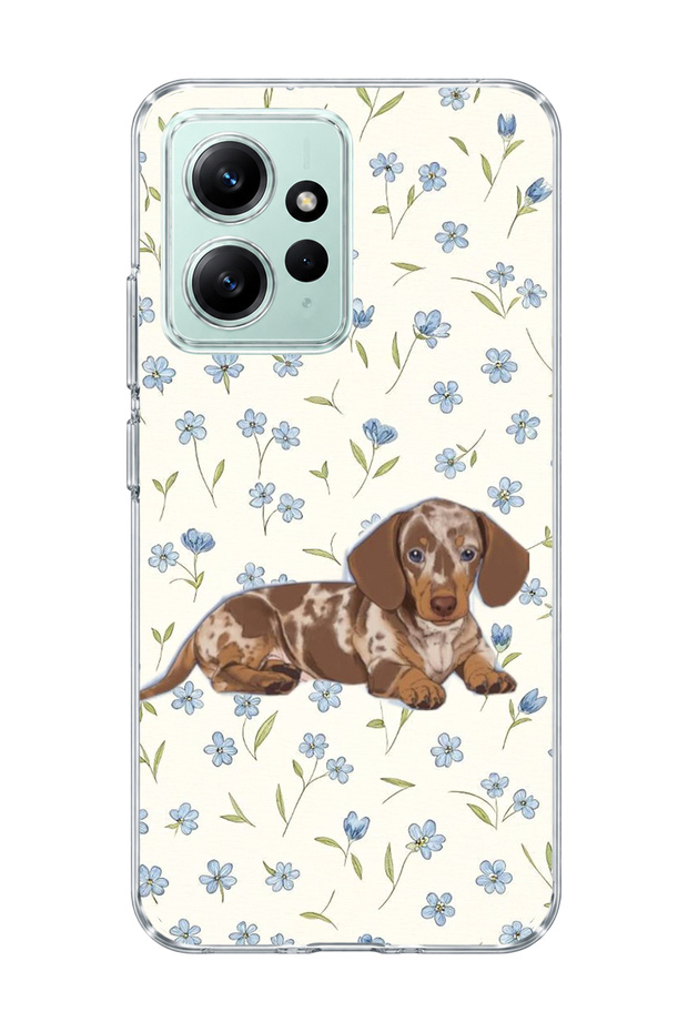 Redmi Note 12 4g Compatible Sausage Dog Blue Flower Printed Transparent Phone Case