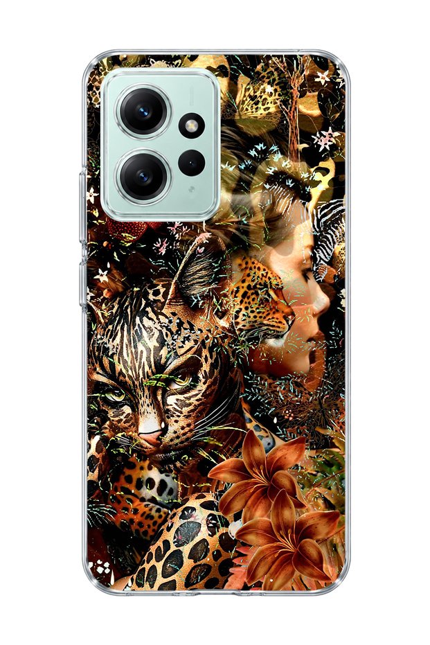 Redmi Note 12 4g Compatible Leopard Gold Collage Printed Transparent Phone Case