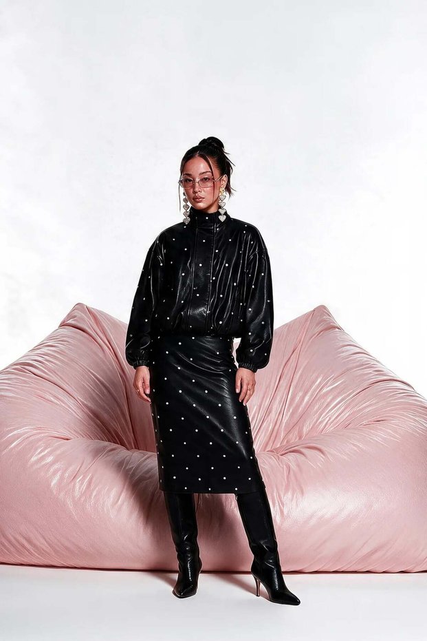 Polka Dot Embroidered Leather Midi Skirt - Black