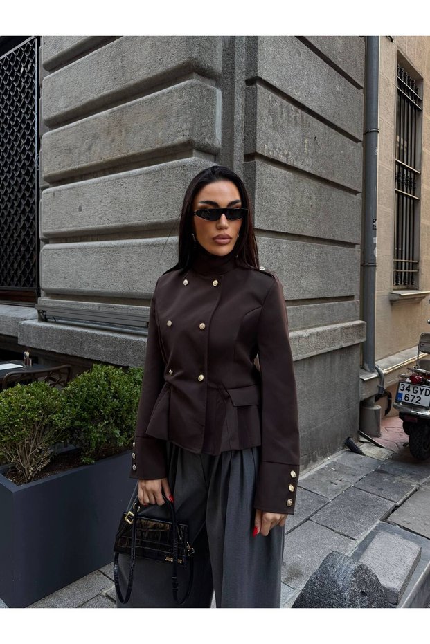 Gold Buttoned Trench Coat with Stand-Up Collar Detail and Fitted Waist