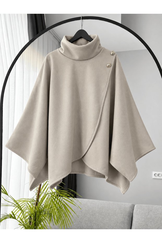High Collar Bat Sleeve Poncho - 7310 - Stone (Ös)