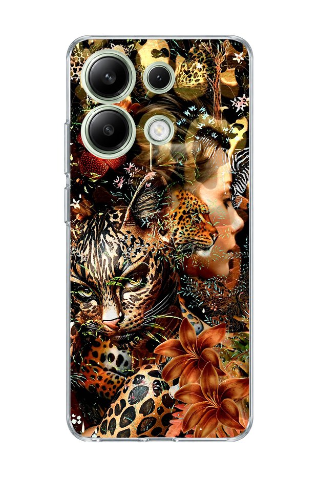 Redmi Note 13 4g Compatible Leopard Gold Collage Printed Transparent Phone Case