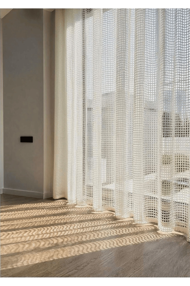 Off-White Luxury Mesh Tulle Curtain with Cornice, Flat Installation, No Pleats [Enxboy] Geo Mesh